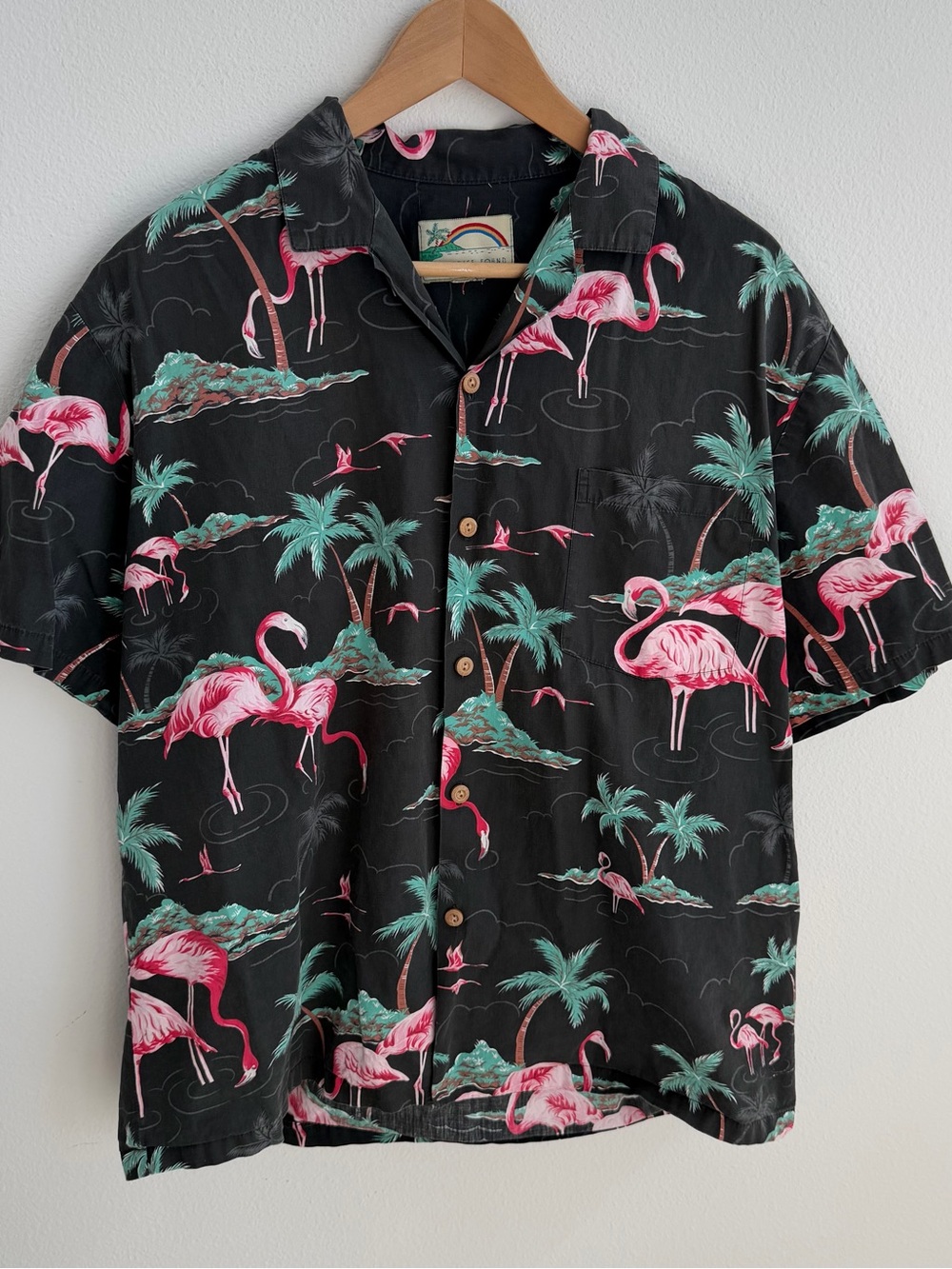Vintage Hawaiian Shirt 'Paradise Found' Honolulu, Hawaii Black Flamingos